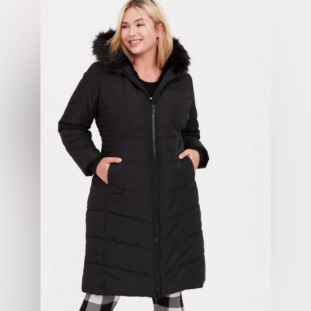 Torrid Black Faux Fur Hooded Longline Puffer Coat - Picture 2 of 11
